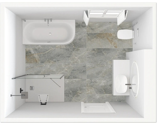 Vogelperspektive eines Badezimmers mit Badewanne, Dusche, Toilette und Waschbecken