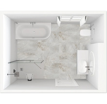 Draufsicht eines hellen Badezimmers mit Badewanne, Dusche, Waschtisch und Toilette