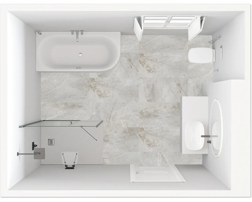 Draufsicht eines hellen Badezimmers mit Badewanne, Dusche, Waschtisch und Toilette