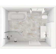 Draufsicht eines hellen Badezimmers mit Badewanne, Duschkabine, Toilette und Waschtisch