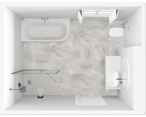 Draufsicht eines hellen Badezimmers mit Badewanne, Duschkabine, Toilette und Waschtisch