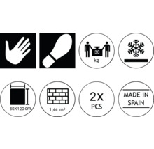 Piktogramme mit Produkteigenschaften: Hand, Trittsicherheit, Gewicht bis 30 kg, Frostbeständigkeit, Fliesengröße 60 x 120 cm, Fläche 1,44 m², zwei Stück, hergestellt in Spanien