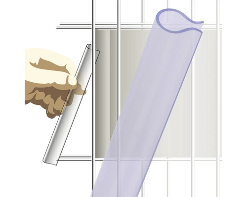 Illustration eines transparenten Kantenschutzes, der an einem Gitter befestigt wird