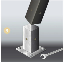 Illustration einer Montageanleitung mit Schraubenschlüssel und Metallpfosten