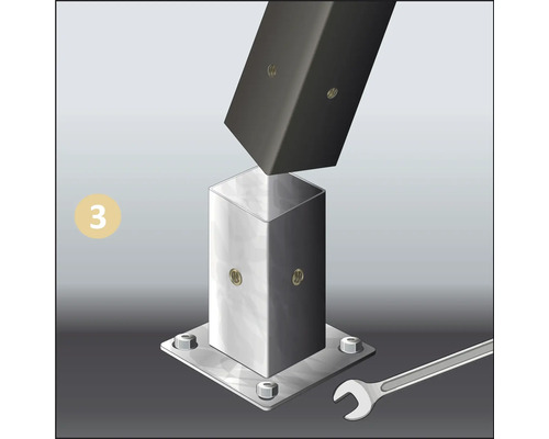 Illustration einer Montageanleitung mit Schraubenschlüssel und Metallpfosten