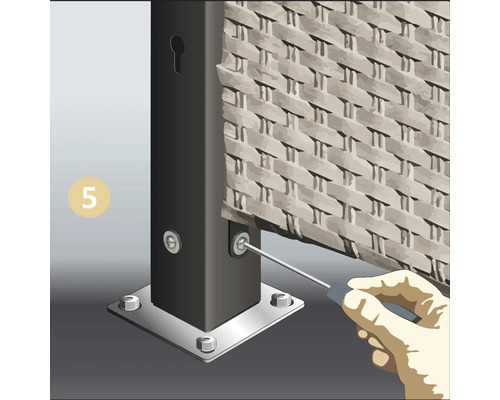 Illustration eines Pavillons, bei dem eine Person eine Schraube mit einem Schraubendreher festzieht