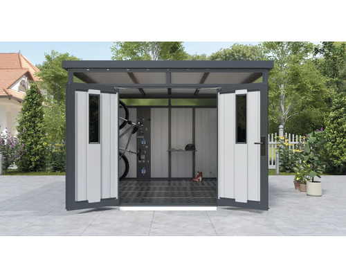 Metall Gerätehaus mit geöffneten Türen, Fahrrad und Aufbewahrungssystem