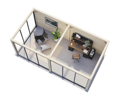 Innenansicht eines modernen Gartenhauses mit Arbeits- und Wohnbereich