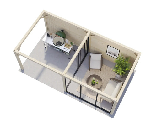 Überblick über ein offenes Gartenhaus mit Grillplatz und Sitzecke