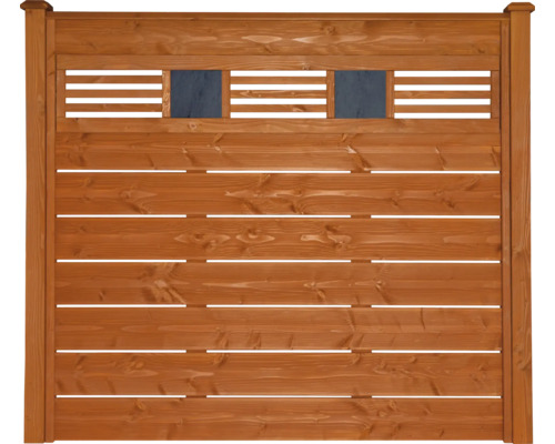 Holzzaun mit horizontalen Brettern und Steinelementen