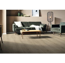 Wohnzimmer mit Sofa, Sessel, Tisch und Bodenbelag