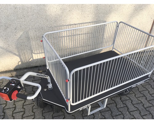 Elektrischer Plattformwagen mit Gitteraufsatz für den Transport von Materialien