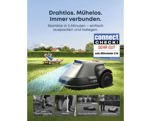 "Eufy Mähroboter E18 im Einsatz auf einer Rasenfläche, während eine Person auf einer Liege entspannt