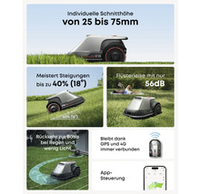 Eufy E18 Rasenmähroboter mit einstellbarer Schnitthöhe, Steigungsbewältigung, leisem Betrieb, Rückkehr zur Basis, GPS und 4G Verbindung und App Steuerung.