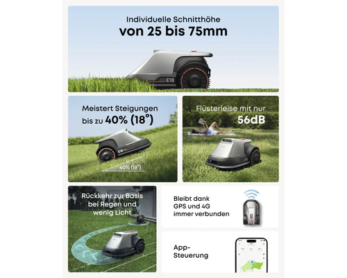 Eufy E18 Rasenmähroboter mit einstellbarer Schnitthöhe, Steigungsbewältigung, leisem Betrieb, Rückkehr zur Basis, GPS und 4G Verbindung und App Steuerung.
