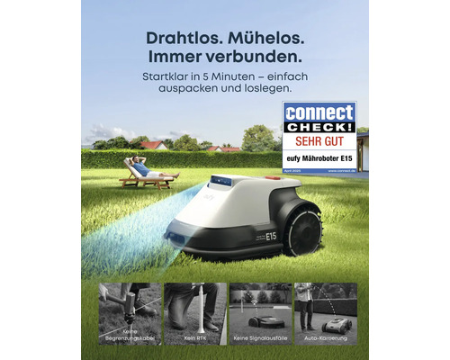Eufy Mähroboter E15 im Einsatz auf einer Rasenfläche, im Hintergrund eine Person auf einer Liege
