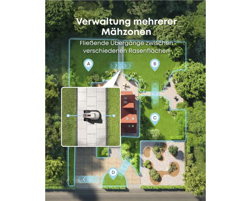 Verwaltung mehrerer Mähzonen mit fließenden Übergängen zwischen verschiedenen Rasenflächen