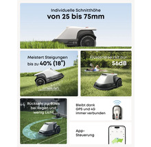 Rasenmähroboter mit einstellbarer Schnitthöhe, Steigungsfunktion, GPS und App Steuerung.