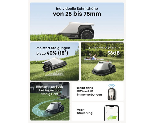Rasenmähroboter mit einstellbarer Schnitthöhe, Steigungsfunktion, GPS und App Steuerung.