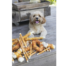Hund liegt neben Hundesnacks auf einer Holzterrasse