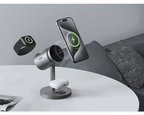 Aukey Logo, Ladestation mit induktiven Ladeflächen für Handy, Smartwatch und Kopfhörer