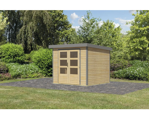 Gartenhaus aus Holz mit Doppeltür und Fenstern im Garten