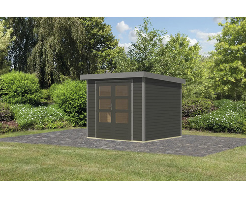 Holzgartenhaus mit Flachdach und Doppeltür im Garten