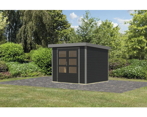 Modernes Gartenhaus mit Doppeltür auf Rasenfläche