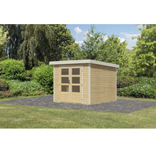 Gartenhaus aus Holz mit Doppeltür und Fenstern im Garten.