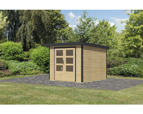 Gartenhaus aus Holz mit Doppeltür und Fensterfront im Garten