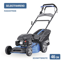 Benzinrasenmäher mit 46 Zentimeter Schnittbreite und Radantrieb