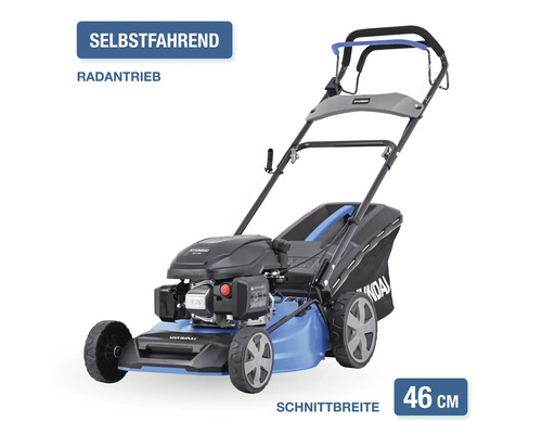 Benzinrasenmäher mit 46 Zentimeter Schnittbreite und Radantrieb