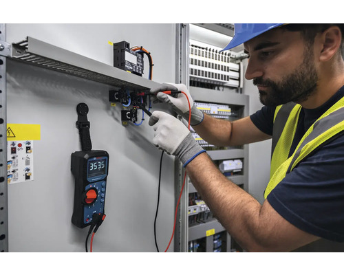 Elektriker misst Spannung an Schalttafel mit Multimeter
