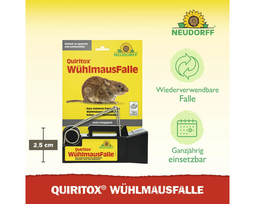Quiritox Wühlmausfalle mit Verpackung und Hinweisen zur Wiederverwendbarkeit sowie zur ganzjährigen Einsetzbarkeit