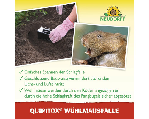 Quiritox Wühlmausfalle in Anwendung mit Neudorff Logo