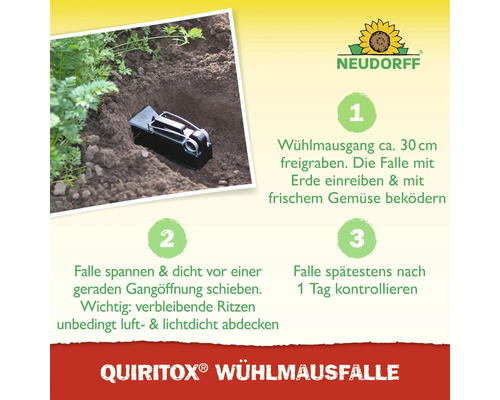 Anleitung zur Verwendung der Quiritox Wühlmausfalle von Neudorff, die in einem Garten aufgestellt wird