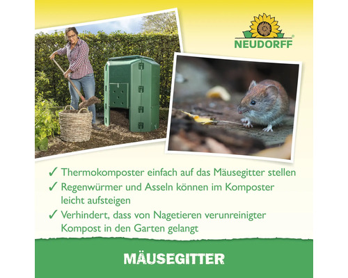 Mäusegitter schützt Kompost vor Nagetieren. Neudorff Logo.