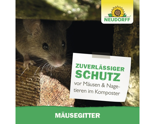 Maus neben einem Schild mit dem Text Zuverlässiger Schutz vor Mäusen und Nagetieren im Komposter, Neudorff Logo