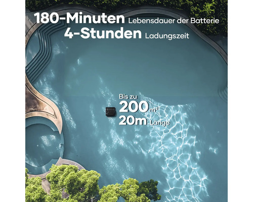 Draufsicht eines Schwimmbeckens mit einem Poolreinigungsroboter, der eine Akkulaufzeit von 180 Minuten, eine Ladezeit von 4 Stunden und eine Reichweite von bis zu 200 Quadratmetern und 20 Metern Länge hat.