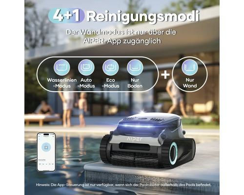 Aiper Poolreinigungsroboter mit verschiedenen Reinigungsmodi, steuerbar per App.