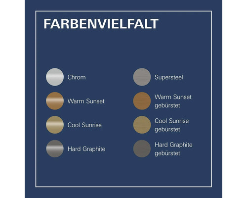 Farbübersicht mit verschiedenen Farbtönen: Chrom, Supersteel, Warm Sunset, Warm Sunset gebürstet, Cool Sunrise, Cool Sunrise gebürstet, Hard Graphite und Hard Graphite gebürstet.