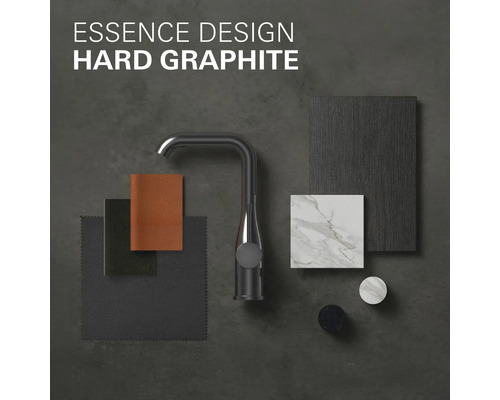 Küchenarmatur mit Materialmustern und Oberflächen in Grautönen