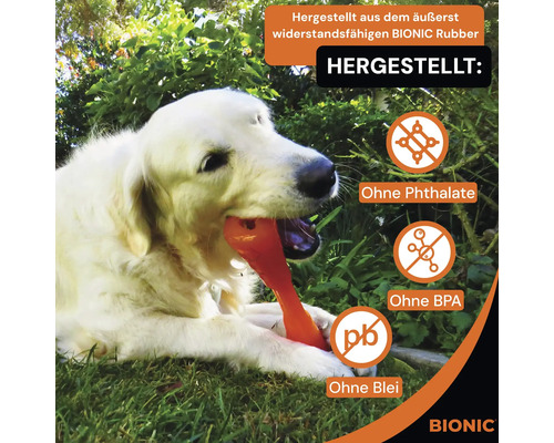 "Ein Hund kaut auf einem Bionic-Hundespielzeug, das aus widerstandsfähigem Bionic-Gummi hergestellt wurde