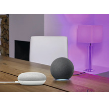 Szene mit zwei intelligenten Lautsprechern auf einem Holztisch in einem Wohnzimmer