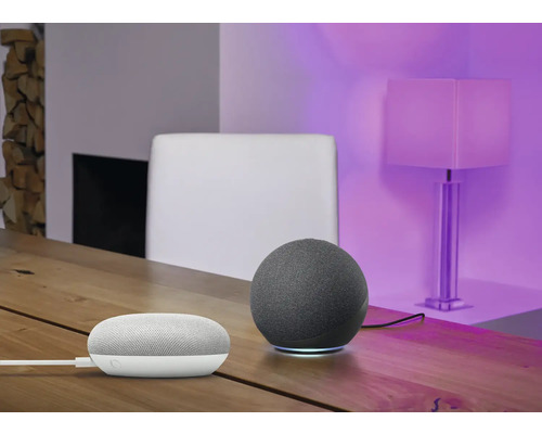 Szene mit einem intelligenten Lautsprecher und einem intelligenten Mini-Lautsprecher auf einem Holztisch