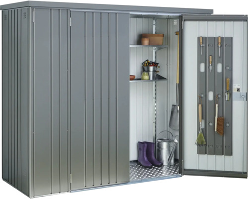 Gartenschrank aus Metall mit Regalen und Werkzeugen