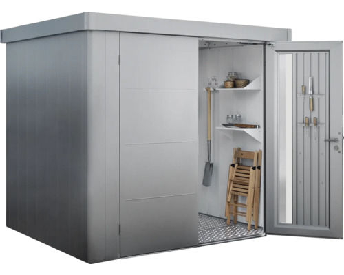 Gartenschrank aus Metall mit Schiebetür und Regalen