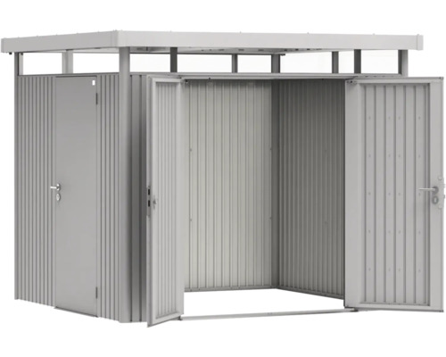 Metall Gerätehaus mit zwei Türen und einem seitlichen Eingang.