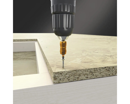 Akkuschrauber schraubt Schraube in Holzplatte