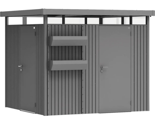 Metallgerätehaus mit Tür und Regalen